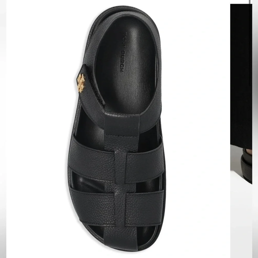 Tory Burch Black Fisherman Leather Sandals with Gold Logo